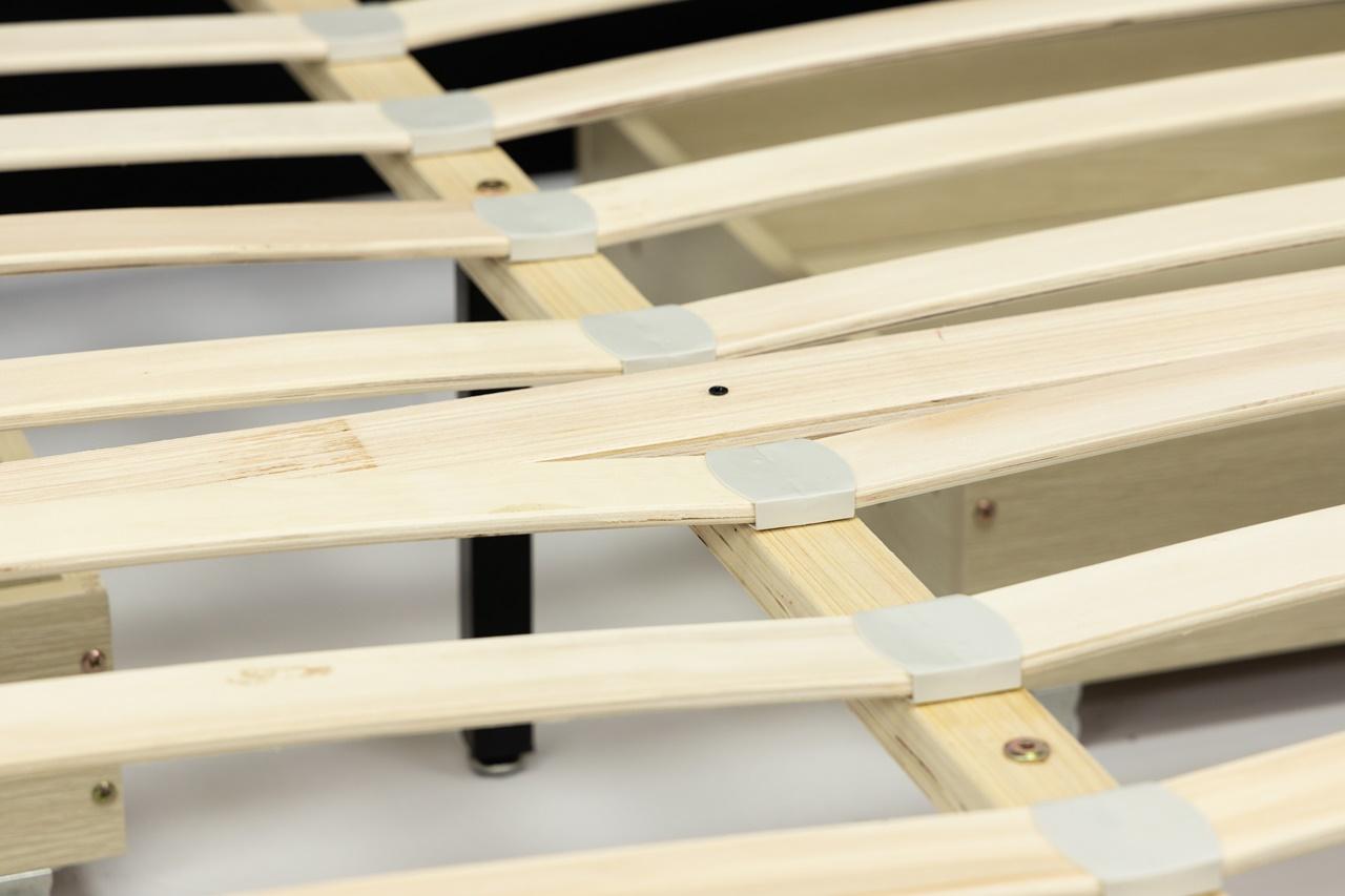 stelaż drewniany do łóżka tapicerowanego szarego z oświetleniem LED