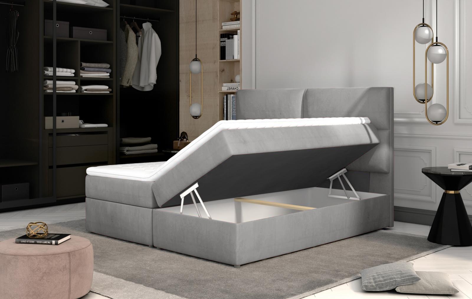 Szare łóżko kontynentalne z materacem i pojemnikiem