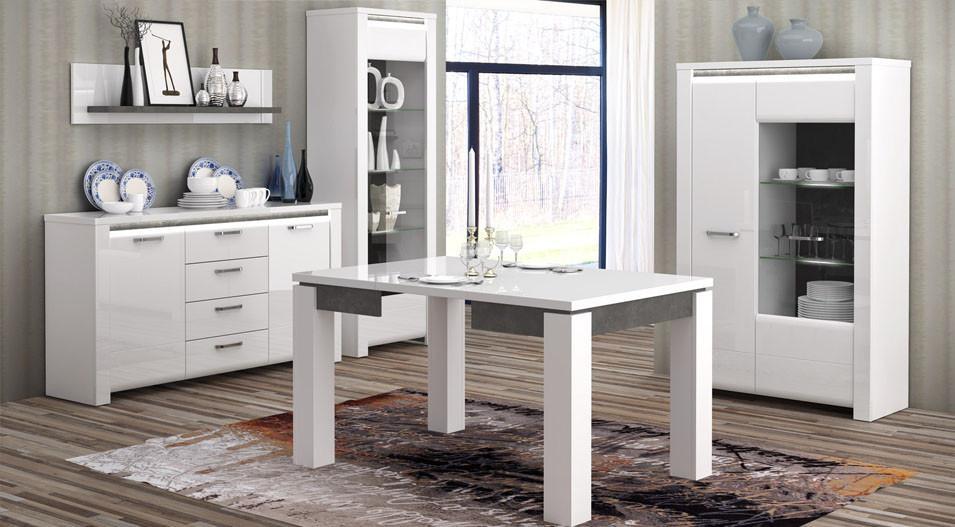Białe meble do jadalni z oświetleniem w stylu nowoczesnym - aranżacja