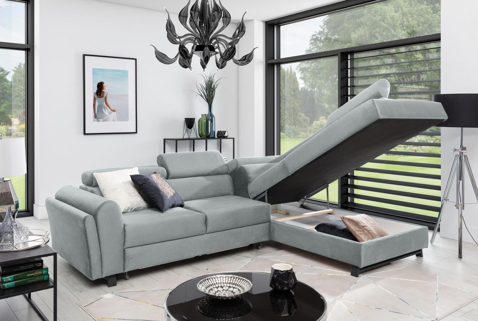 siwy narożnik rozkładany z funkcją spania i skrzynią na pościel