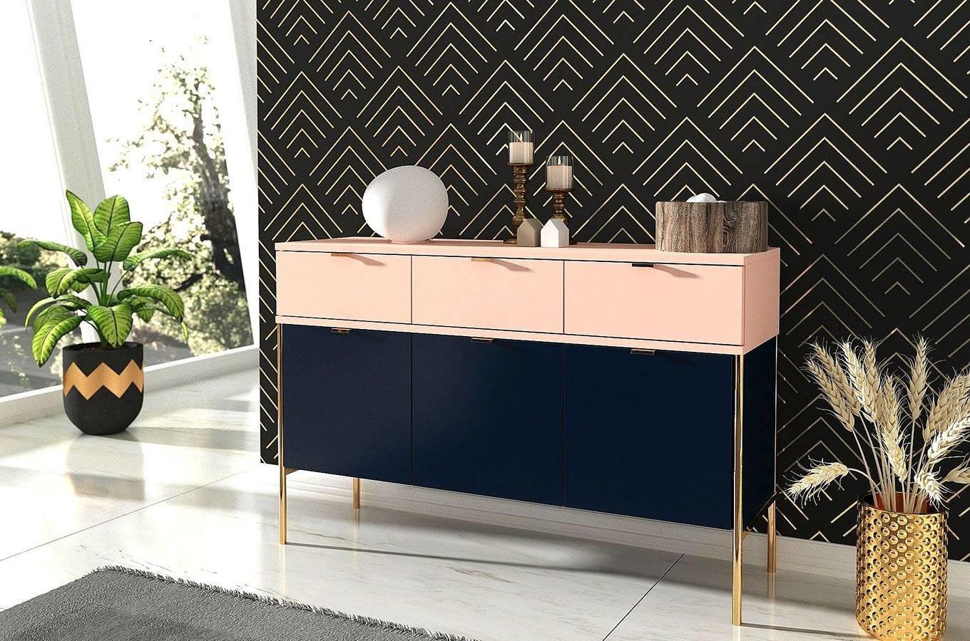 różowo granatowa niska komoda z szufladami polka skandica
