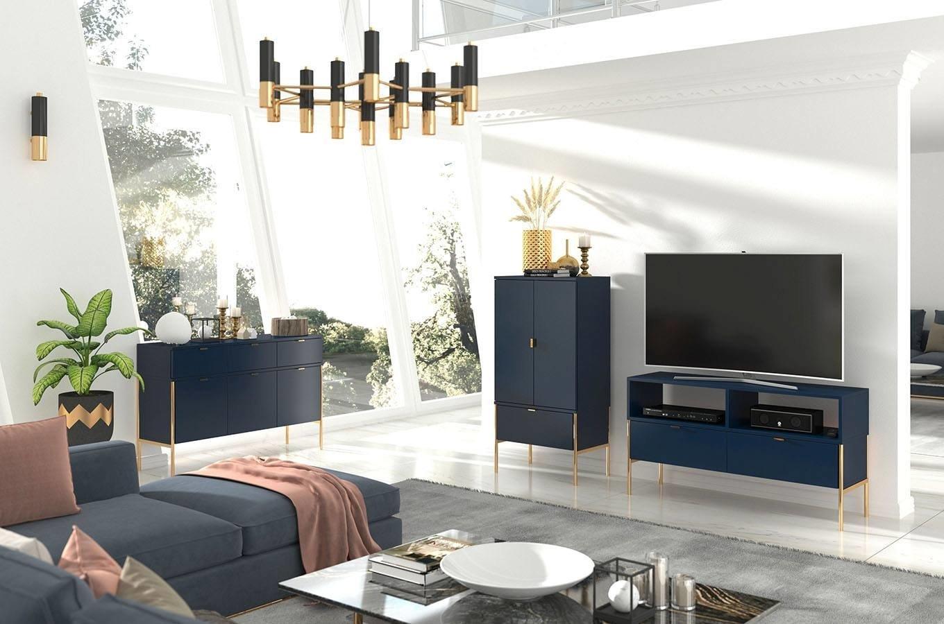 meble polka skandica w salonie z szafką RTV granatową w stylu glamour
