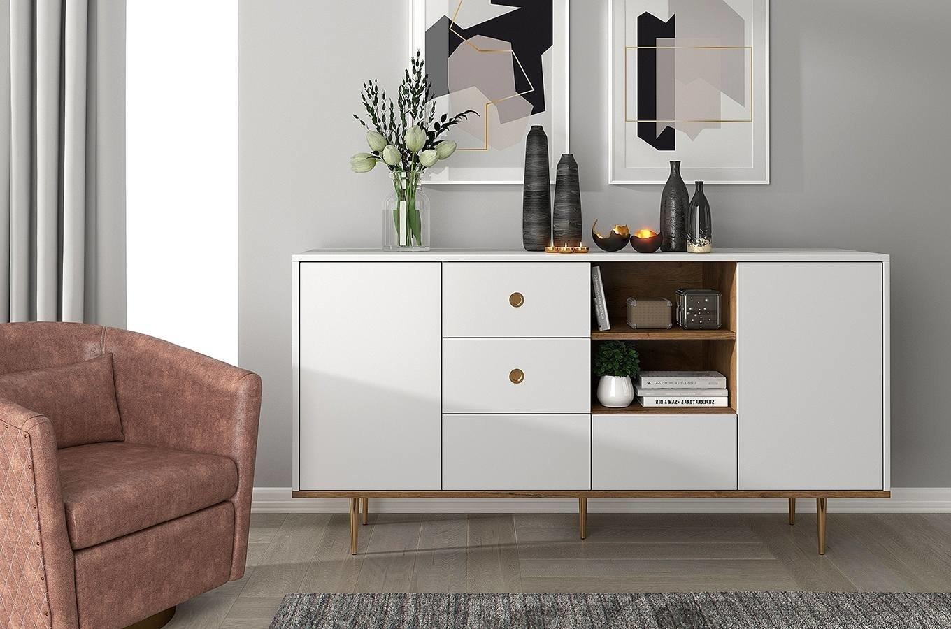 biała nowoczesna komoda ze złotymi wstawkami Harmoni Skandica