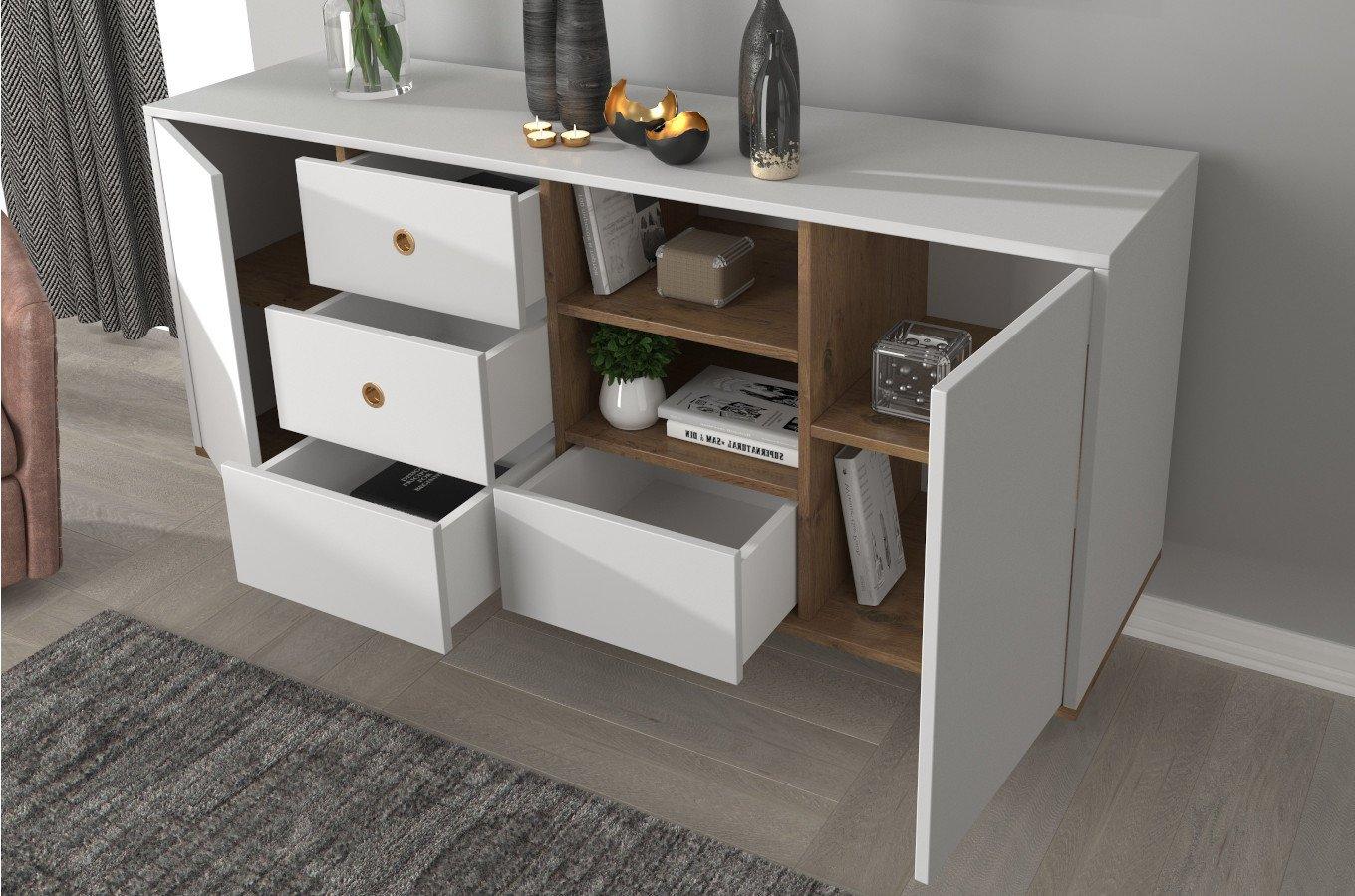 komoda na nóżkach skandica złota biała Harmoni