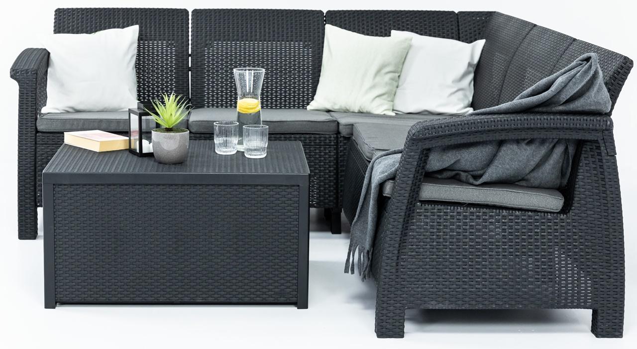 narożnik tarasowy ze stolikeim skrzynią grafitowy