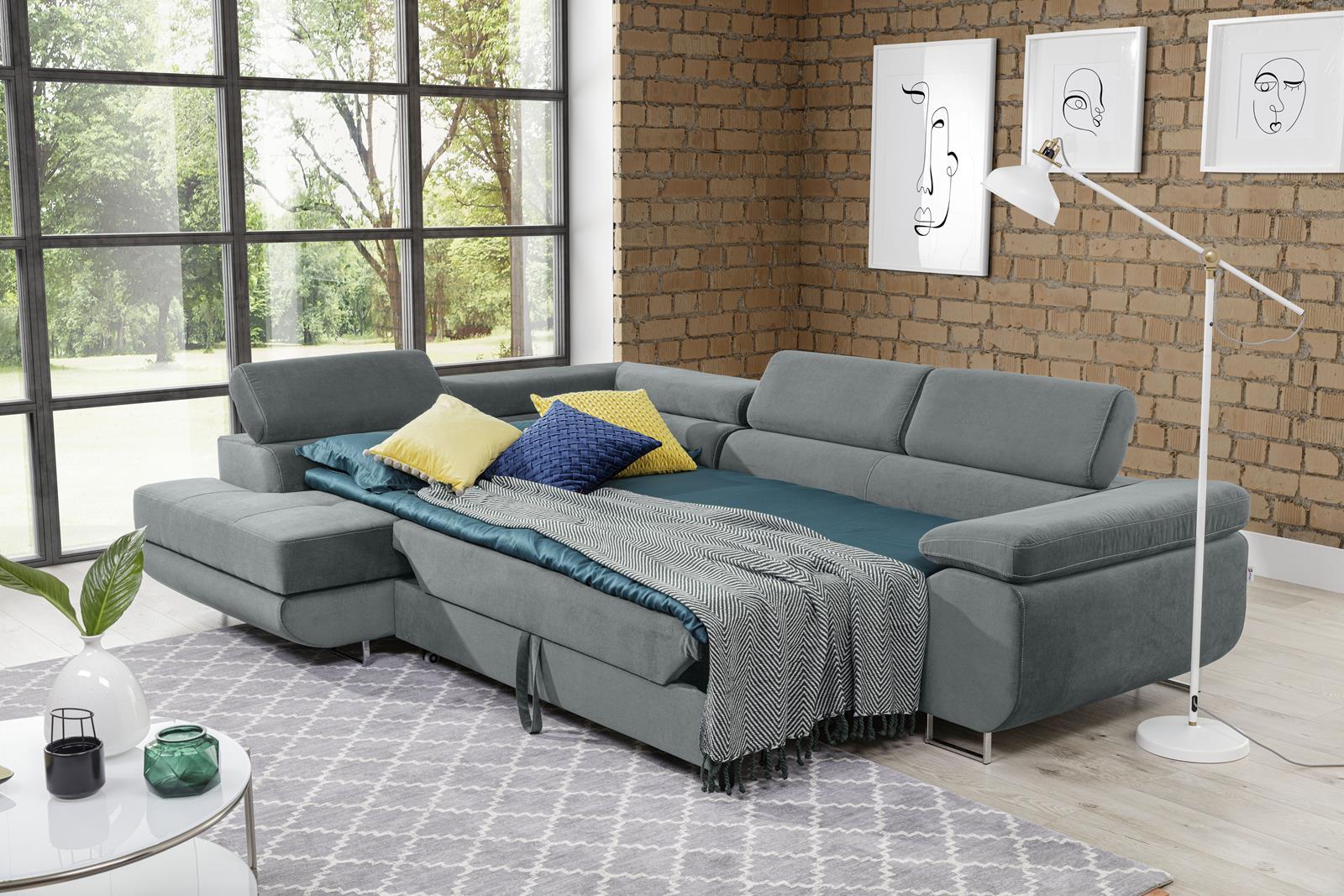 Welurowy narożnik z funkcją spania