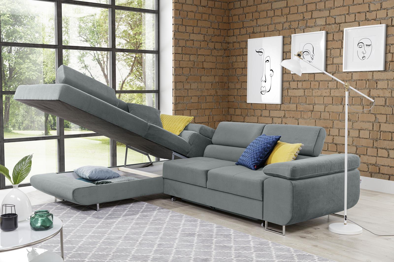 Jasny szary welurowy narożnik ze skrzynią do przechowywania pościeli