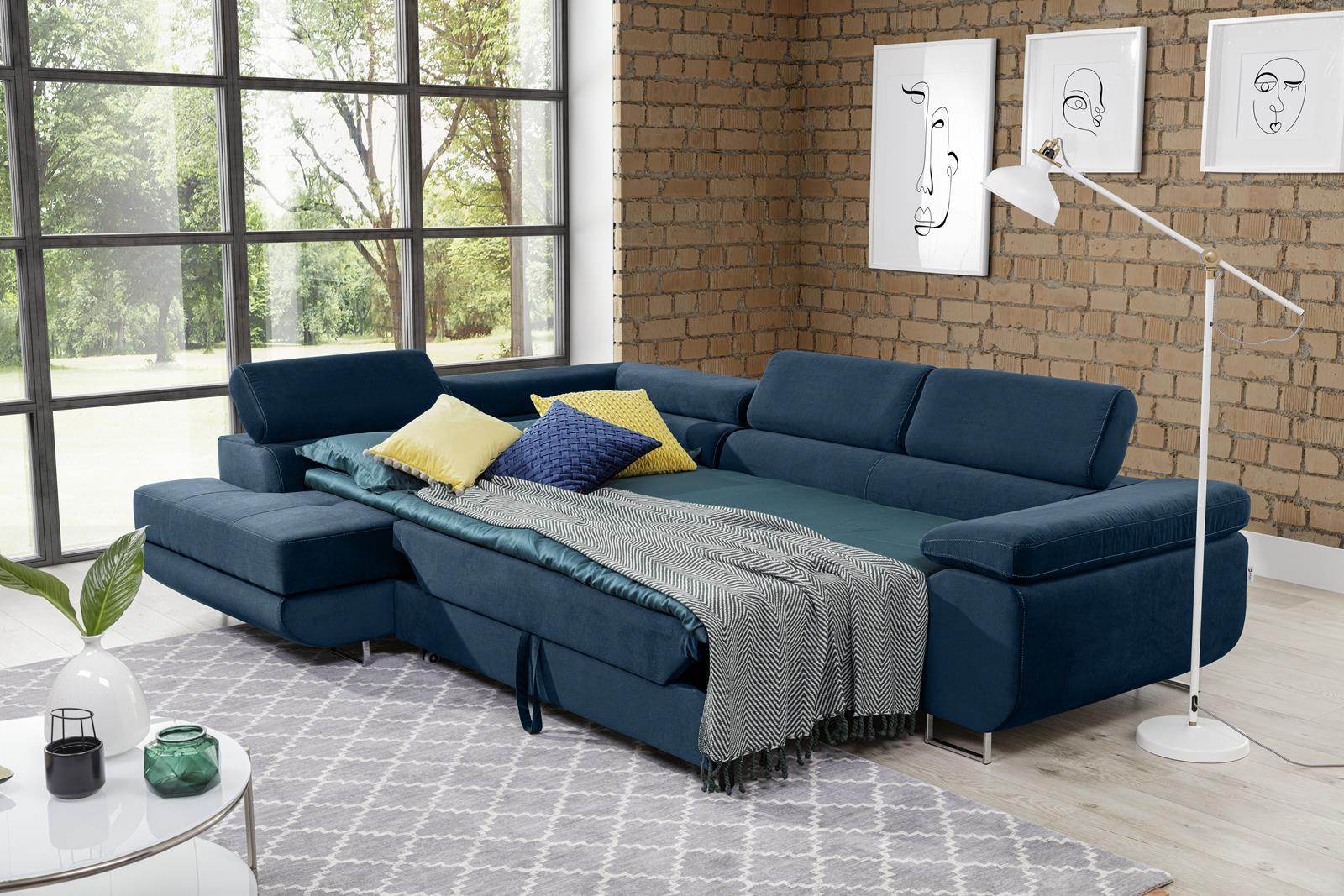 Granatowy narożnik L z funkcją spania Anton lewy 275x202 - Meblobranie.pl