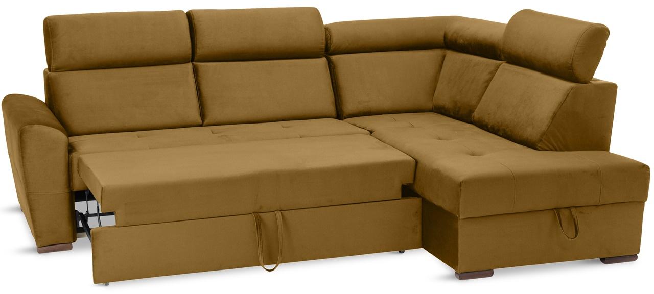 musztardowa kanapa narożna z funkcją spania