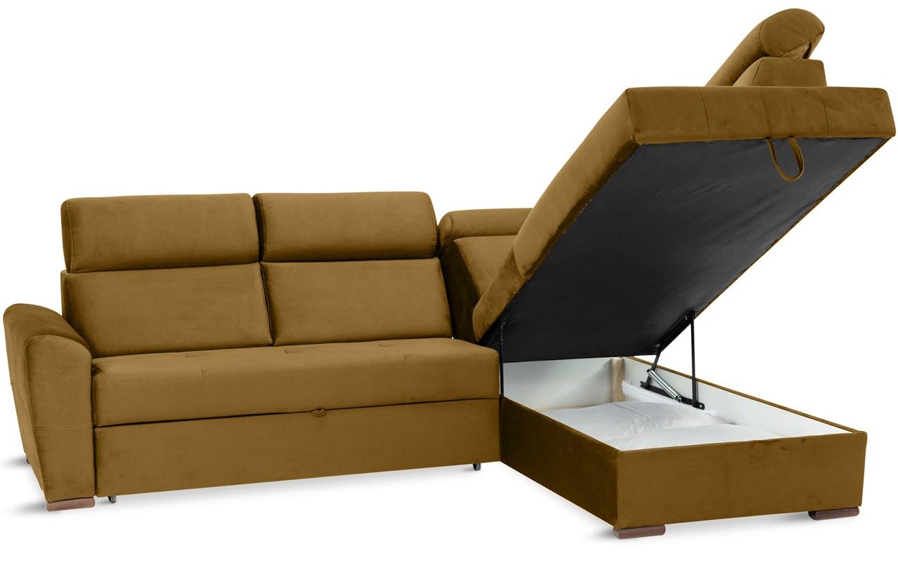 musztadowa kanapa narożna ze skrzynią na pościel