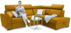 Musztardowa kanapa narożna z funkcją spania do salonu Riva 274x210 cm prawostronna