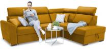 Musztardowa kanapa narożna z funkcją spania do salonu Riva 274x210 cm prawostronna