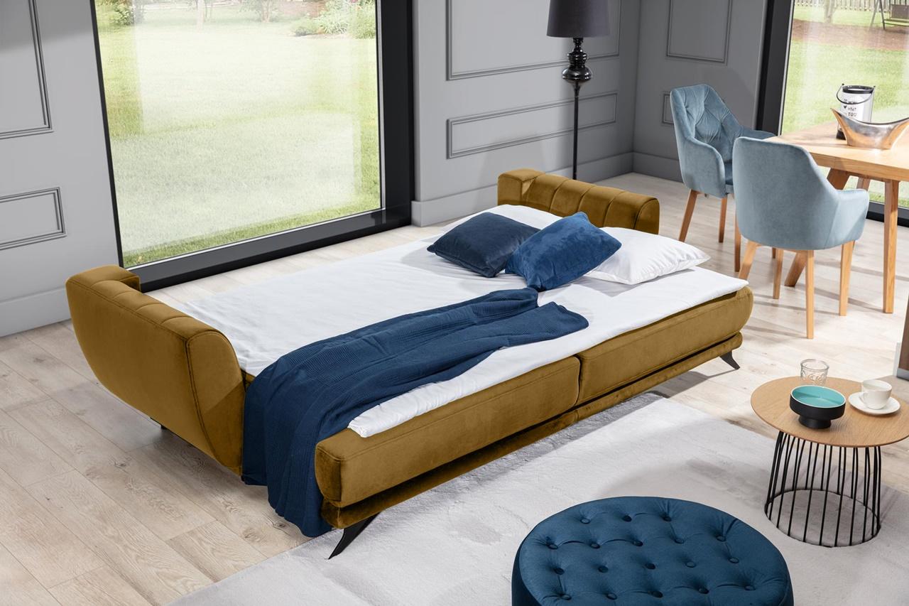 rozkładanie sofy musztardowej