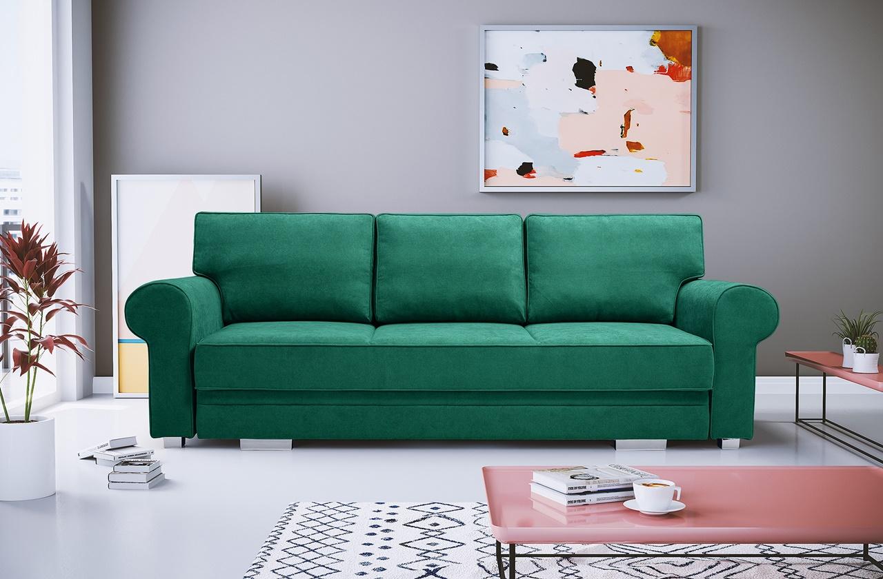 butelkowozielona kanapa welurowa z funkcją spania