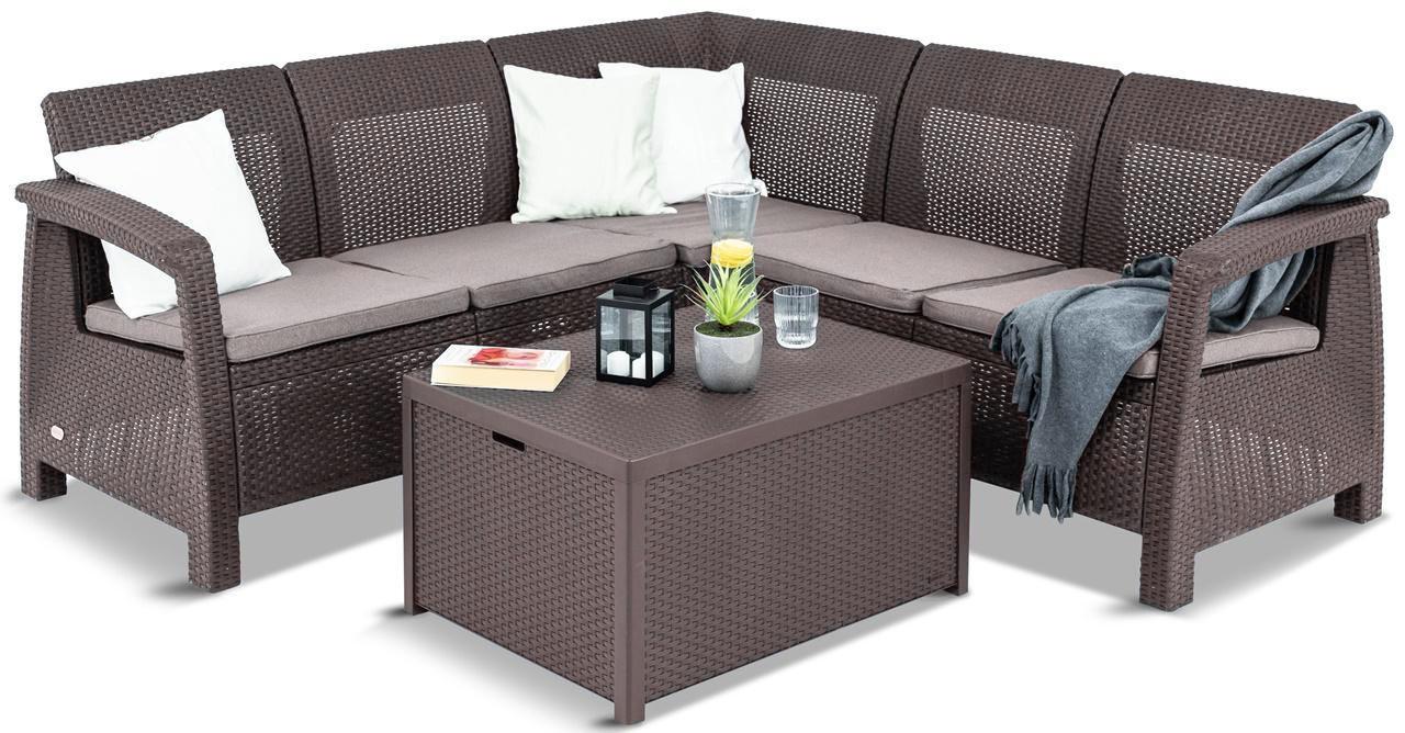 naroznik tarasowy ze stolikiem skrzynią