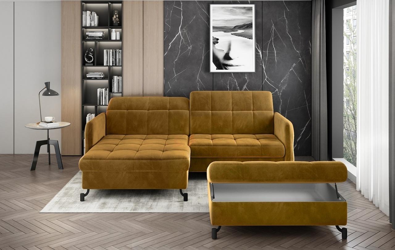 żółta kanapa pikowana na czarnych nóżkach