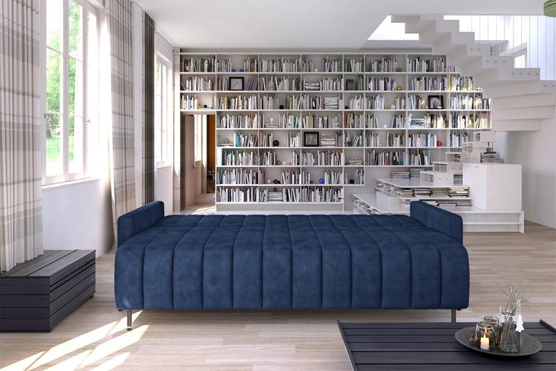 granatowa sofa z przeszyciami