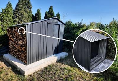 metalowa szopa ogrodowa z drewutnią