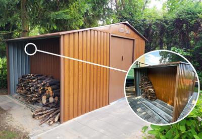 metalowa szopa ogrodowa z drewutnią