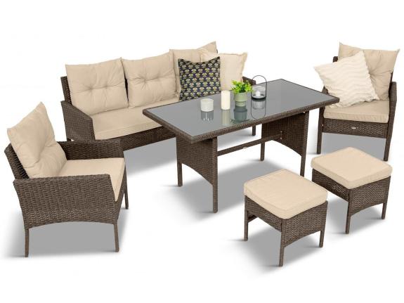Zahradní nábytek s pohovkou 175 cm, jídelním stolem, křesly a taburety Perata Dining Brown