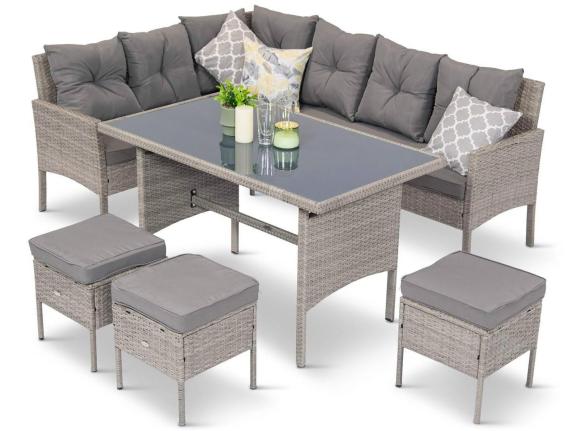 Coltar din ratan gri 190x140cm cu masa de sufragerie si pufe Torino Corner