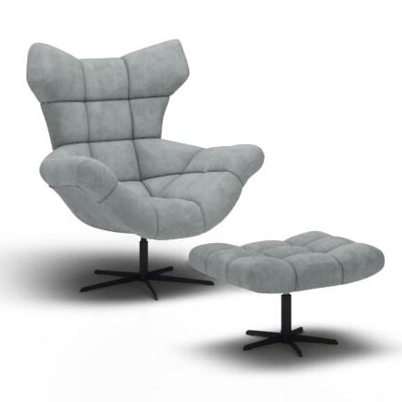 Szary wygodny fotel uszak z podnóżkiem do salonu