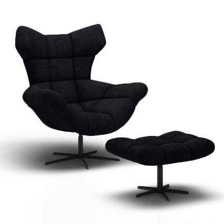 Sensi pikowany fotel z podnóżkiem w czarnym welurze Solar 99