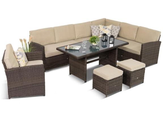 Set de colț Poly rattan pentru 9 persoane Cofete Brown cu masă, 2 pufe și fotoliu