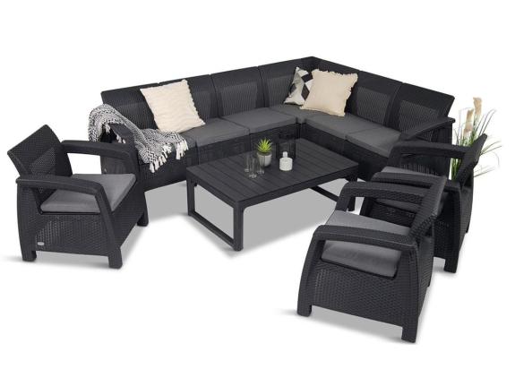 Terasová zostava pre 9 osôb s rohovou sedačkou, stolom a tromi kreslami Relly VI, grafitová