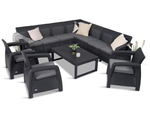 Set mobilier gradina/terasa Relly VIII cu 3 fotolii, coltar 7 locuri + masuta, perne incluse, gri - grafit