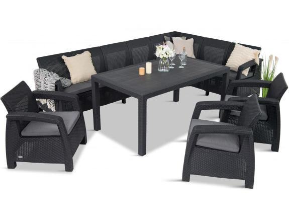 Set mobilier gradina/terasa Rellme VIII cu 3 fotolii, coltar 7 locuri + masa 160x95cm, perne incluse, gri - grafit