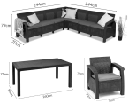 Set mobilier gradina/terasa Rellme VIII cu 3 fotolii, coltar 7 locuri + masa 160x95cm, perne incluse, gri - grafit - wymiary