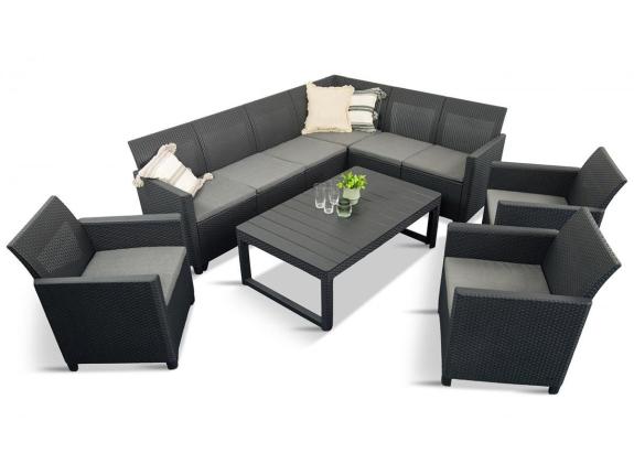 Set terasa / mobilier gradina, coltar 6 locuri, 3 fotolii, perne incluse, masa dreptunghiulara, plastic, Nedler VI gri 