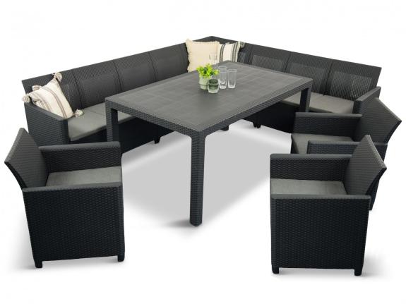 Set mobilier de grădină 11 locuri, cu coltar, perne, plastic, Nedler VIII - gri