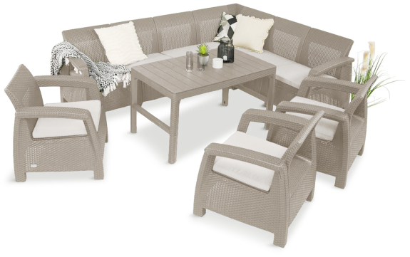 Terasová zostava pre 9 osôb s rohovou sedačkou, stolom a tromi kreslami Relly VI cappuccino