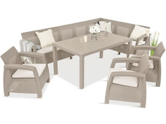 Set pro 10 osob s rohovou pohovkou, jídelním stolem a třemi křesly Rellme VII Cappuccino