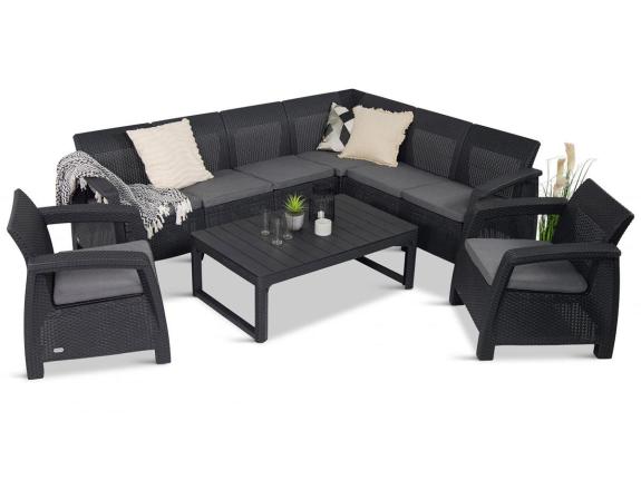 Set mobilier gradina/terasa Relly VI cu 2 fotolii, coltar 6 locuri + masuta, perne incluse, gri - grafit