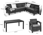 Set mobilier gradina/terasa Rellme VI cu 2 fotolii, coltar 6 locuri + masa 160x95cm, perne incluse, gri - grafit - wymiary