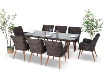 Brązowy zestaw ogrodowy ze stołem obiadowym 220cm i 8 fotelami technorattanowymi Tonitto Dining 8+1
