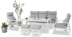 Aluminiowy komplet białych mebli na taras z regulowanymi fotelami, sofą i stołem obiadowym - Renalo Dining Relax White