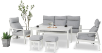 Aluminiowy komplet białych mebli na taras z regulowanymi fotelami, sofą i stołem obiadowym - Renalo Dining Relax White