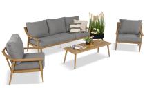 Aluminiowy zestaw mebli ogrodowych, kolor drewniany, szare poduszki dla 5 osób z sofą 200cm - Else Set - Grey