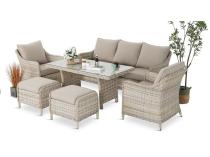 Technorattanowy komplet mebli z sofą 180cm, fotelami, pufami i wysokim stołem Novici Dining Beige