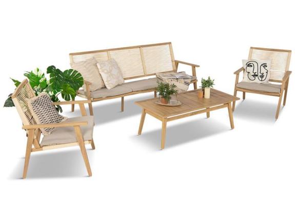 Set modern de mobilier de terasă Olvi din aluminiu în culoarea lemnului și accent natural decorativ cu sfoară