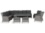 Szary narożnik ogrodowy z wysokim stołem, regulowanymi fotelami i pufami - Laritto Corner XL - Grey