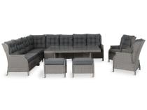 Szary narożnik ogrodowy z wysokim stołem, regulowanymi fotelami i pufami - Laritto Corner XL - Grey