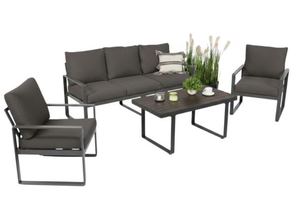 Grafitový kovový nábytok na terasu s pohovkou a kreslami - Panaon Dining DG
