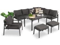 Komplet ogrodowy metalowy z narożnikiem, fotelem i pufami - Sodor Corner XL - Dark Grey