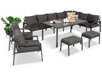 Duży narożnik ogrodowy metalowy 294x184cm Sodor Corner XXL z 2 fotelami, 2 pufami i stołem 160cm - Dark Grey