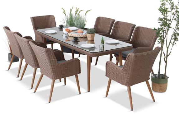 Hnědý zahradní set s 220cm jídelním stolem a 8 technorattanovými židlemi Tonitto Dining 8+1 Brown